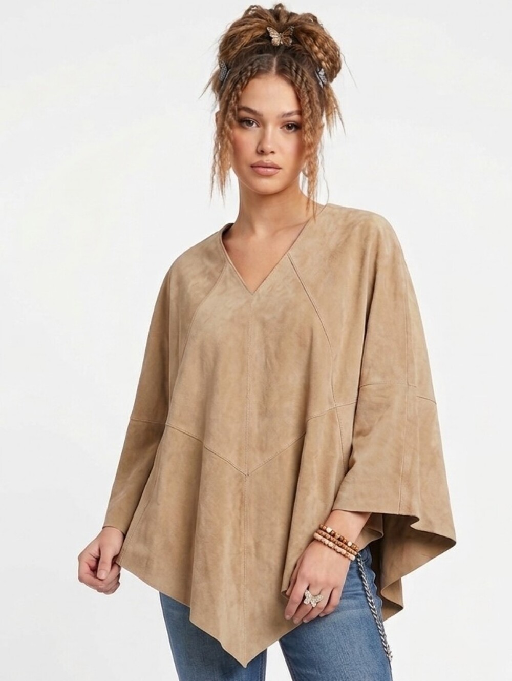 Vtg Y2K INC International Concepts Tan Boho Suede Leather Festival Poncho S/M